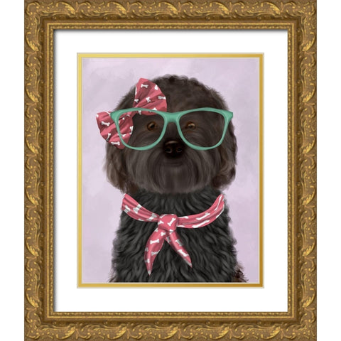 Cockerpoo, Black, with Glasses and Scarf Gold Ornate Wood Framed Art Print with Double Matting by Fab Funky