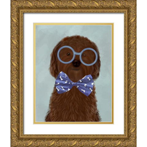 Cockerpoo, Chocolate, with Glasses and Bow Tie Gold Ornate Wood Framed Art Print with Double Matting by Fab Funky