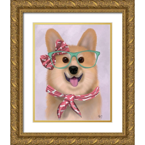 Corgi with Glasses and Scarf Gold Ornate Wood Framed Art Print with Double Matting by Fab Funky