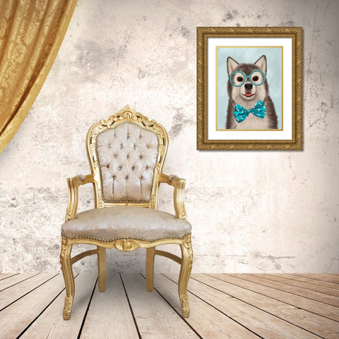 Husky with Glasses and Bow Tie Gold Ornate Wood Framed Art Print with Double Matting by Fab Funky