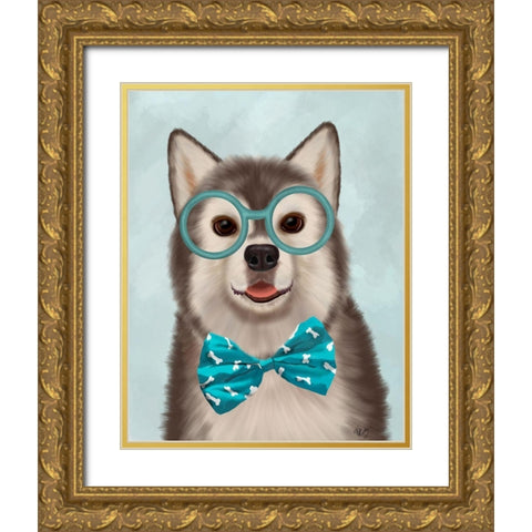 Husky with Glasses and Bow Tie Gold Ornate Wood Framed Art Print with Double Matting by Fab Funky