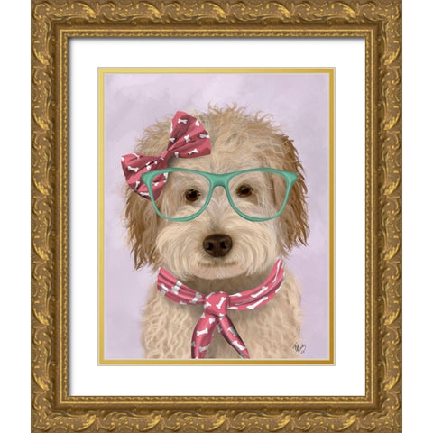 Labradoodle, Cream, with Glasses and Scarf Gold Ornate Wood Framed Art Print with Double Matting by Fab Funky
