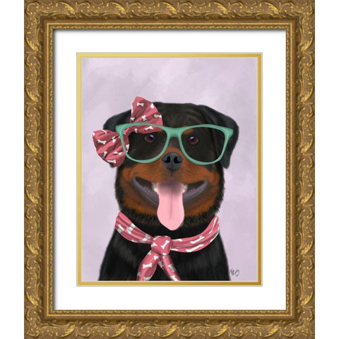 Rottweiler with Glasses and Scarf Gold Ornate Wood Framed Art Print with Double Matting by Fab Funky