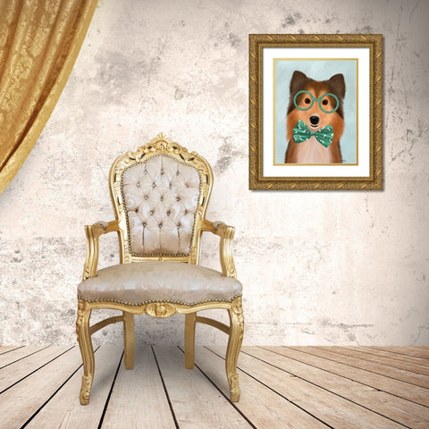 Shetland Sheepdog with Glasses and Bow Tie Gold Ornate Wood Framed Art Print with Double Matting by Fab Funky