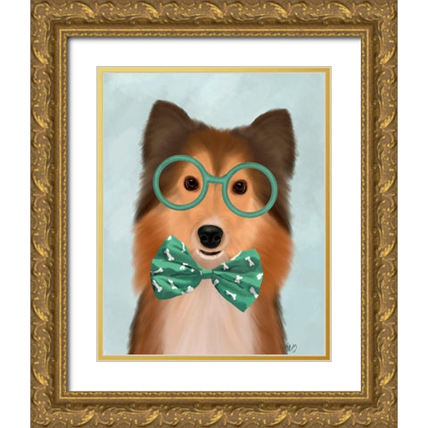 Shetland Sheepdog with Glasses and Bow Tie Gold Ornate Wood Framed Art Print with Double Matting by Fab Funky