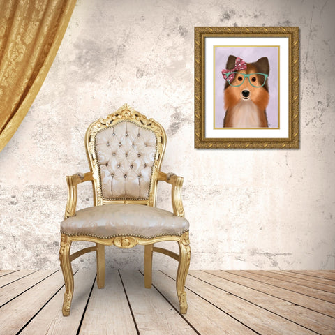 Shetland Sheepdog with Pink Bow Gold Ornate Wood Framed Art Print with Double Matting by Fab Funky