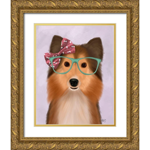 Shetland Sheepdog with Pink Bow Gold Ornate Wood Framed Art Print with Double Matting by Fab Funky