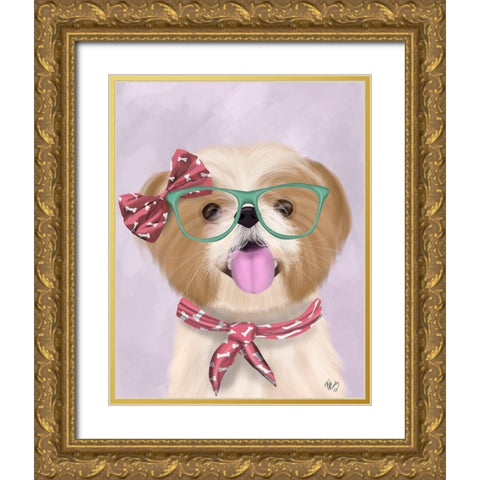 Shih Tsu with Glasses and Scarf Gold Ornate Wood Framed Art Print with Double Matting by Fab Funky
