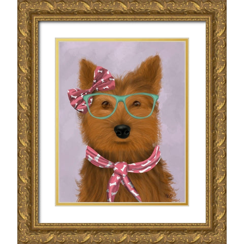 Yorkshire Terrier with Glasses and Scarf Gold Ornate Wood Framed Art Print with Double Matting by Fab Funky