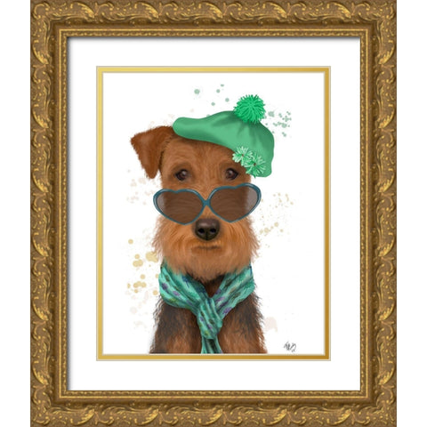Airedale and Heart Glasses Gold Ornate Wood Framed Art Print with Double Matting by Fab Funky