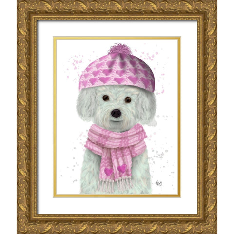 Bichon Frise in Pink Bobble Hat Gold Ornate Wood Framed Art Print with Double Matting by Fab Funky