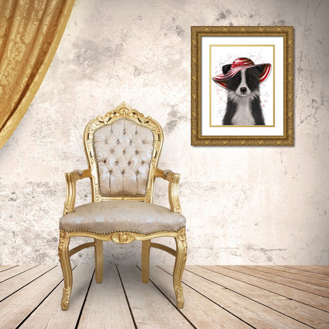 Border Collie in Red and White Floppy Hat Gold Ornate Wood Framed Art Print with Double Matting by Fab Funky