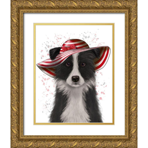 Border Collie in Red and White Floppy Hat Gold Ornate Wood Framed Art Print with Double Matting by Fab Funky