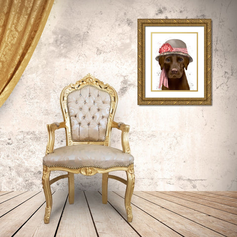 Chocolate Labrador Hat and Pink Scarf Gold Ornate Wood Framed Art Print with Double Matting by Fab Funky
