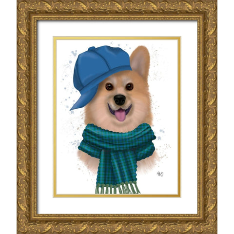 Corgi Baseball Hat and Scarf Gold Ornate Wood Framed Art Print with Double Matting by Fab Funky
