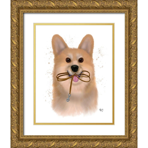 Corgi Walkies Gold Ornate Wood Framed Art Print with Double Matting by Fab Funky