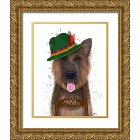 German Shepherd Lederhosen Gold Ornate Wood Framed Art Print with Double Matting by Fab Funky