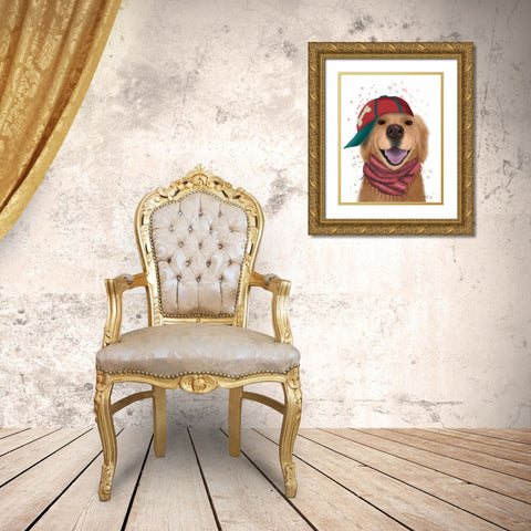 Golden Retriever and Baseball Cap Gold Ornate Wood Framed Art Print with Double Matting by Fab Funky