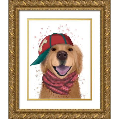 Golden Retriever and Baseball Cap Gold Ornate Wood Framed Art Print with Double Matting by Fab Funky