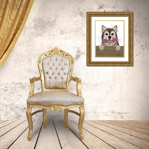 Husky and Rope Bone Gold Ornate Wood Framed Art Print with Double Matting by Fab Funky