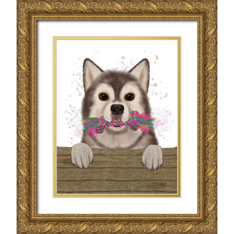 Husky and Rope Bone Gold Ornate Wood Framed Art Print with Double Matting by Fab Funky