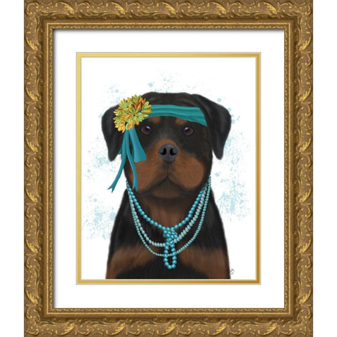 Rottweiler Flapper Gold Ornate Wood Framed Art Print with Double Matting by Fab Funky