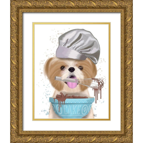 Shih Tzu Baker Gold Ornate Wood Framed Art Print with Double Matting by Fab Funky
