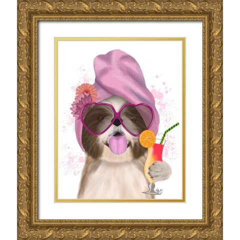 Shih Tzu with Cocktail Gold Ornate Wood Framed Art Print with Double Matting by Fab Funky