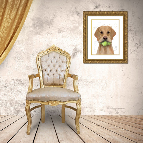 Yellow Labrador and Tennis Balls Gold Ornate Wood Framed Art Print with Double Matting by Fab Funky