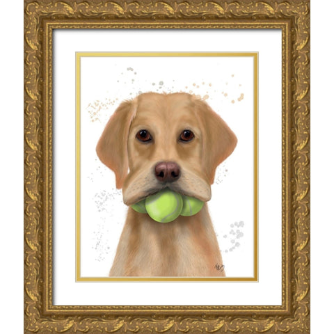 Yellow Labrador and Tennis Balls Gold Ornate Wood Framed Art Print with Double Matting by Fab Funky