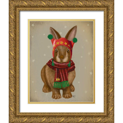 Bunny and Bobble Hat Gold Ornate Wood Framed Art Print with Double Matting by Fab Funky