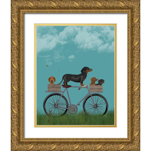 Dachshunds on Bicycle Gold Ornate Wood Framed Art Print with Double Matting by Fab Funky