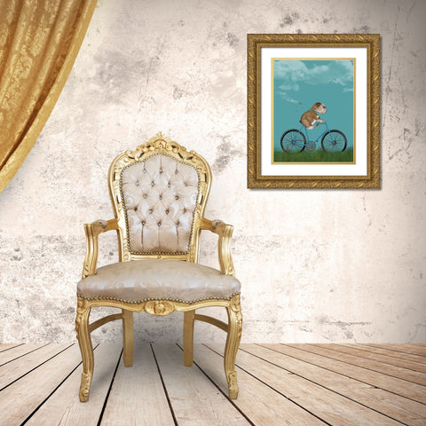 English Bulldog on Bicycle - Sky Gold Ornate Wood Framed Art Print with Double Matting by Fab Funky