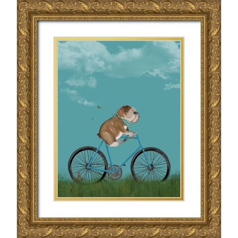 English Bulldog on Bicycle - Sky Gold Ornate Wood Framed Art Print with Double Matting by Fab Funky