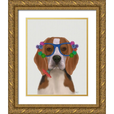 Beagle and Flower Glasses  Gold Ornate Wood Framed Art Print with Double Matting by Fab Funky