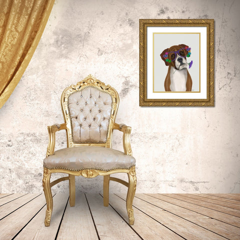 Boxer and Flower Glasses Gold Ornate Wood Framed Art Print with Double Matting by Fab Funky