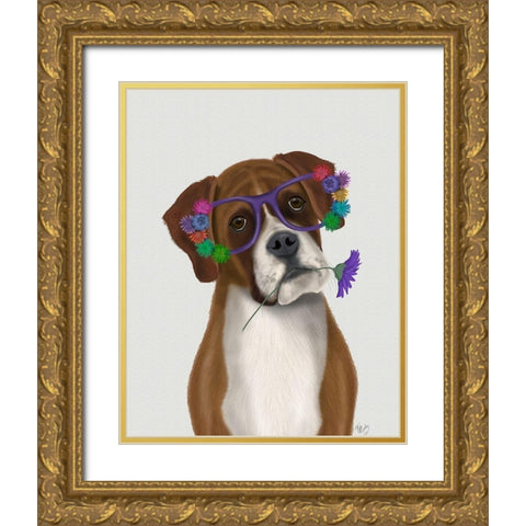 Boxer and Flower Glasses Gold Ornate Wood Framed Art Print with Double Matting by Fab Funky