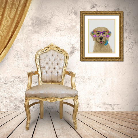 Golden Retriever and Flower Glasses Gold Ornate Wood Framed Art Print with Double Matting by Fab Funky