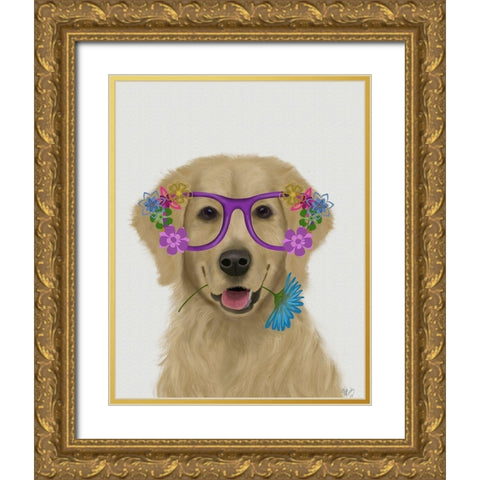 Golden Retriever and Flower Glasses Gold Ornate Wood Framed Art Print with Double Matting by Fab Funky