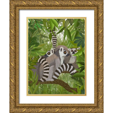 Lemur Family in Canopy Gold Ornate Wood Framed Art Print with Double Matting by Fab Funky