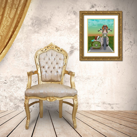 Beagle Chopper and Sidecar Gold Ornate Wood Framed Art Print with Double Matting by Fab Funky