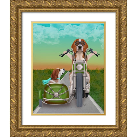 Beagle Chopper and Sidecar Gold Ornate Wood Framed Art Print with Double Matting by Fab Funky