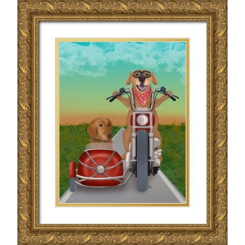 Golden Retriever Chopper and Sidecar Gold Ornate Wood Framed Art Print with Double Matting by Fab Funky