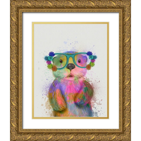 Otter Rainbow Splash Gold Ornate Wood Framed Art Print with Double Matting by Fab Funky