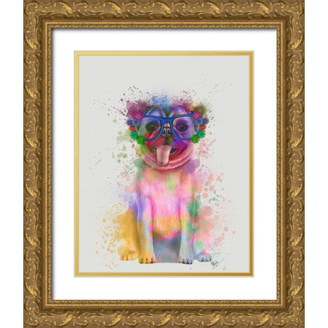 Pug Rainbow Splash Gold Ornate Wood Framed Art Print with Double Matting by Fab Funky