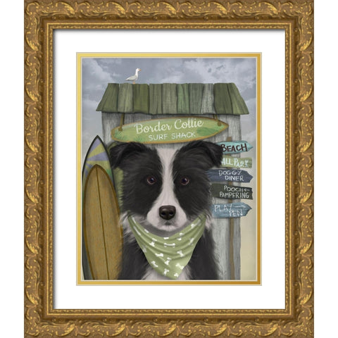 Border Collie, Black and White, Surf Shack Gold Ornate Wood Framed Art Print with Double Matting by Fab Funky