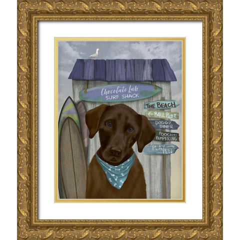 Chocolate Labrador Surf Shack Gold Ornate Wood Framed Art Print with Double Matting by Fab Funky