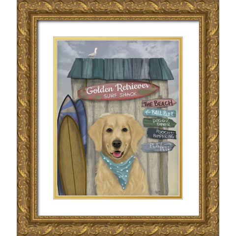 Golden Retriever Surf Shack Gold Ornate Wood Framed Art Print with Double Matting by Fab Funky