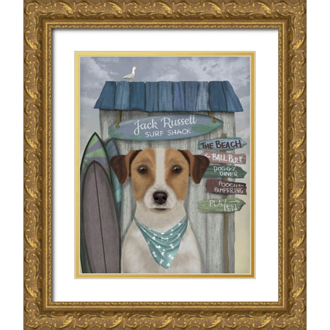 Jack Russell Surf Shack Gold Ornate Wood Framed Art Print with Double Matting by Fab Funky