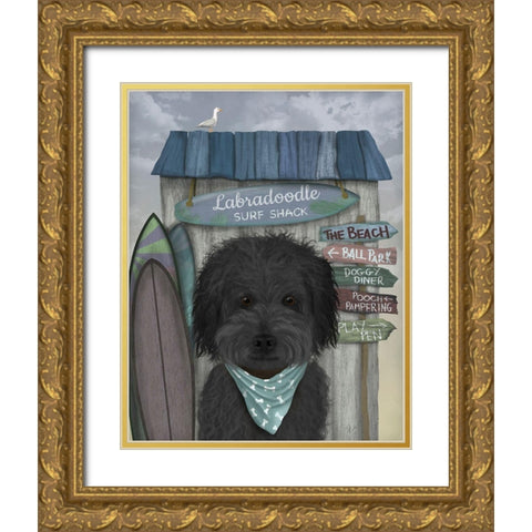 Labradoodle, Black, Surf Shack Gold Ornate Wood Framed Art Print with Double Matting by Fab Funky